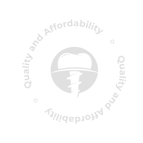 Circular seal with a tooth and a dental implant in the center, surrounded by the text "Quality and Affordability" repeated twice.